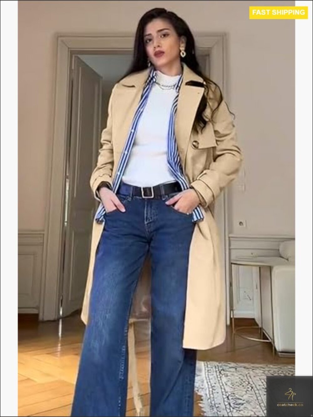 Classic Double Breasted Trench Coat Elegant Fitted Mid-Length Waterproof Jacket - Picture 4 of 7